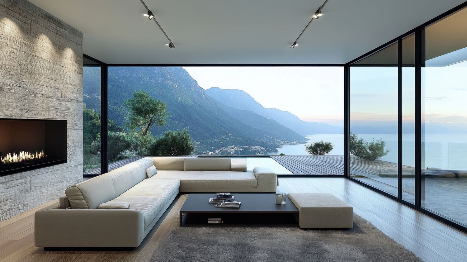Ausblick aus einem Haus auf Berge und Wasser